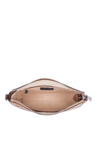 Brun lædertaske med lynlås. Glat overflade og beige indvendig foret. Har en lille lomme og en logo tag indeni.