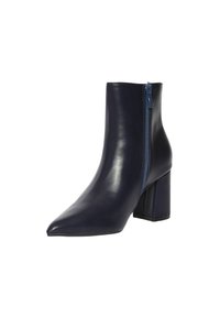 Stivale ankle in pelle blu navy con punta affusolata, tacco a blocco e chiusura con zip laterale su sfondo bianco.