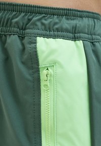 Groene shorts met een contrasterend lichtgroene paneel, elastische tailleband en een zijrits zak met een bijpassende ritskleur.