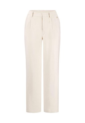 Beige, weiter geschnittene Hose aus leichtem Stoff, mit Vorderfalten und einem Knopfakzent am Bund. Flaches Design vorne.