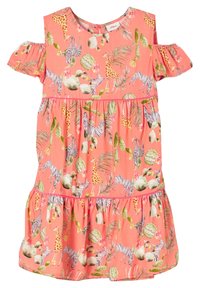 Korálové šaty s krátkými rukávy s odhalenými rameny, s hravým potiskem zvířat a kaktusů, volánkovým lemem a volným A-liniovým střihem.