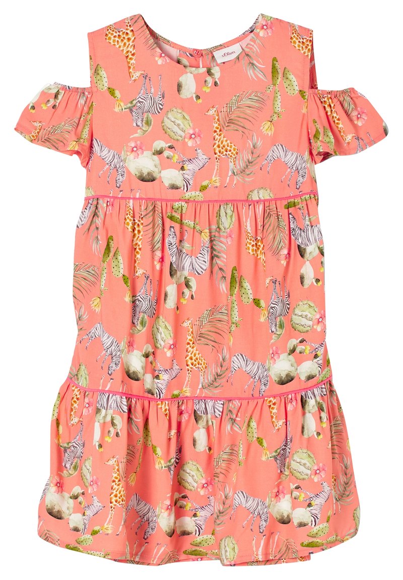 Korálové šaty s krátkými rukávy s odhalenými rameny, s hravým potiskem zvířat a kaktusů, volánkovým lemem a volným A-liniovým střihem.
