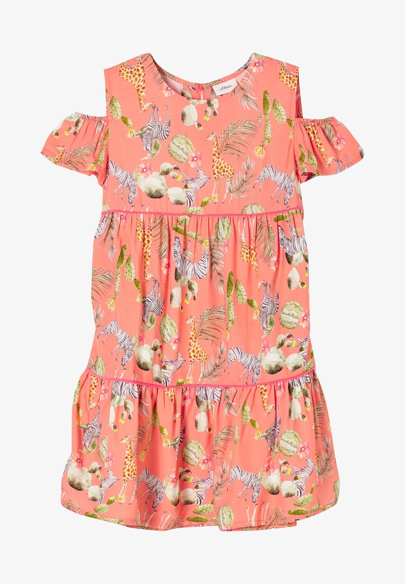 Korálové šaty s krátkými rukávy s odhalenými rameny, s hravým potiskem zvířat a kaktusů, volánkovým lemem a volným A-liniovým střihem.