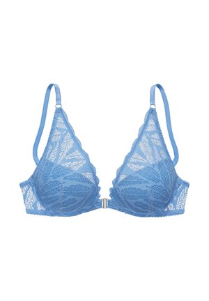 Blue lace bra with adjustable straps and a front clasp, featuring a floral pattern and sheer mesh fabric.
