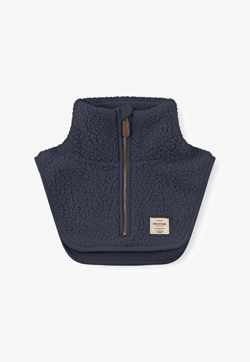 Scaldacolle in fleece blu navy con colletto alto, superficie texturizzata, zip a mezza lunghezza e una piccola etichetta di marca sul davanti.