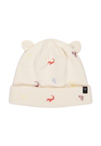 Bonnet en tricot crème avec des accents en forme d'oreilles, comportant des broderies colorées d'animaux et de cœurs, et un revers avec une étiquette de marque.