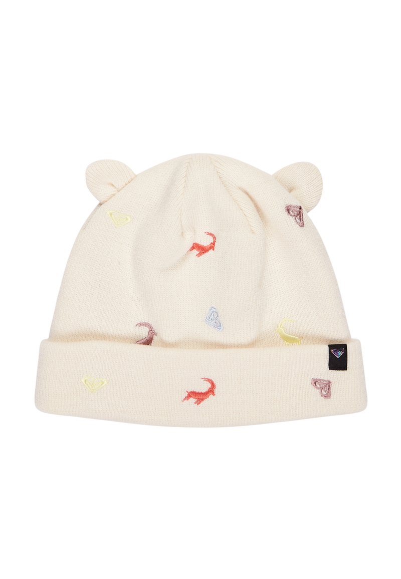Bonnet en tricot crème avec des accents en forme d'oreilles, comportant des broderies colorées d'animaux et de cœurs, et un revers avec une étiquette de marque.