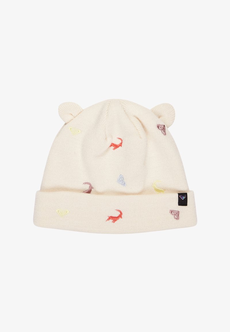 Bonnet en tricot crème avec des accents en forme d'oreilles, comportant des broderies colorées d'animaux et de cœurs, et un revers avec une étiquette de marque.
