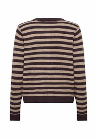 Brown and beige striped sweater with a crew neck, long sleeves, and ribbed cuffs and hem. Soft texture and regular fit.