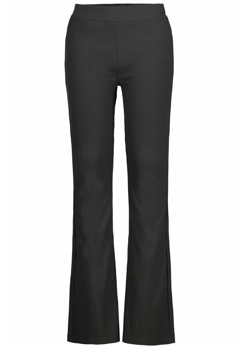 Pantalon en maille côtelée noire avec une taille haute droite et une coupe jambes larges, avec des fentes latérales près de l’ourlet.