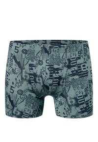 Boxershorts aus einem gedämpften grünen Stoff mit einem dunkelblauen grafischen Muster aus Zahlen und Linien, elastischem Bund und enger Passform.