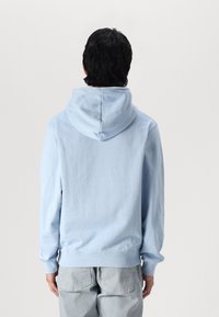 Felpa azzurro chiaro realizzata in morbido tessuto, con cappuccio regolabile tramite coulisse, polsini e orlo a coste. Presenta una texture liscia e una vestibilità comoda.