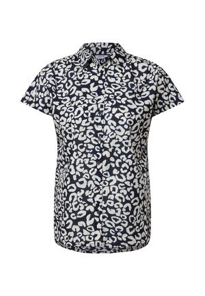 Chemise à manches courtes avec boutons de couleur marine, ornée d'un motif léopard blanc, dotée d'un col classique et d'un tissu léger et doux.
