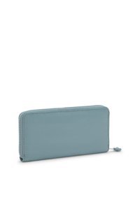 Billetera de cuero azul con forma rectangular, textura suave y costuras en contraste. Presenta un tirador de cremallera para un acceso fácil.