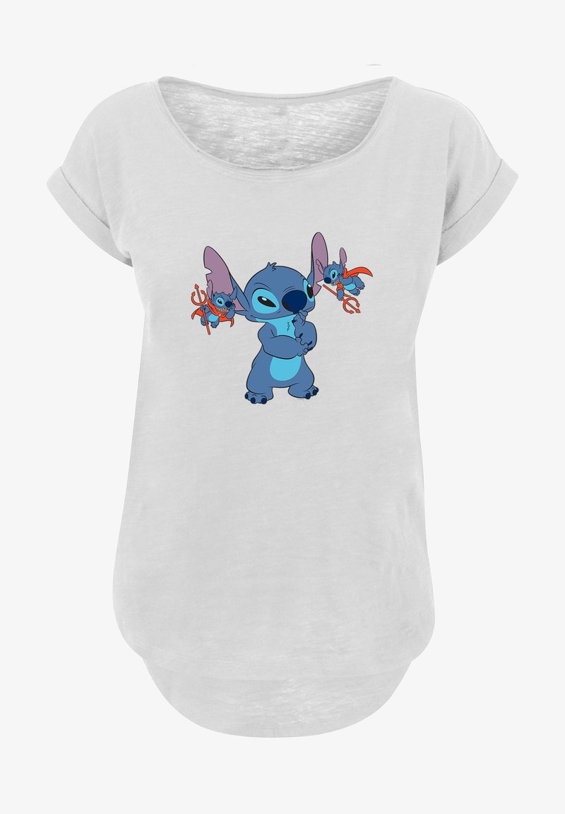 Camisa de manga corta, de color gris claro, con un personaje de dibujos animados azul y grandes orejas, sosteniendo personajes más pequeños con acentos rojos. Textura suave.