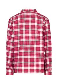 Rode geblokte shirt met een geruit patroon en witte accenten, lange mouwen en een gekraagde halslijn. Gemaakt van een zachte, gestructureerde stof.