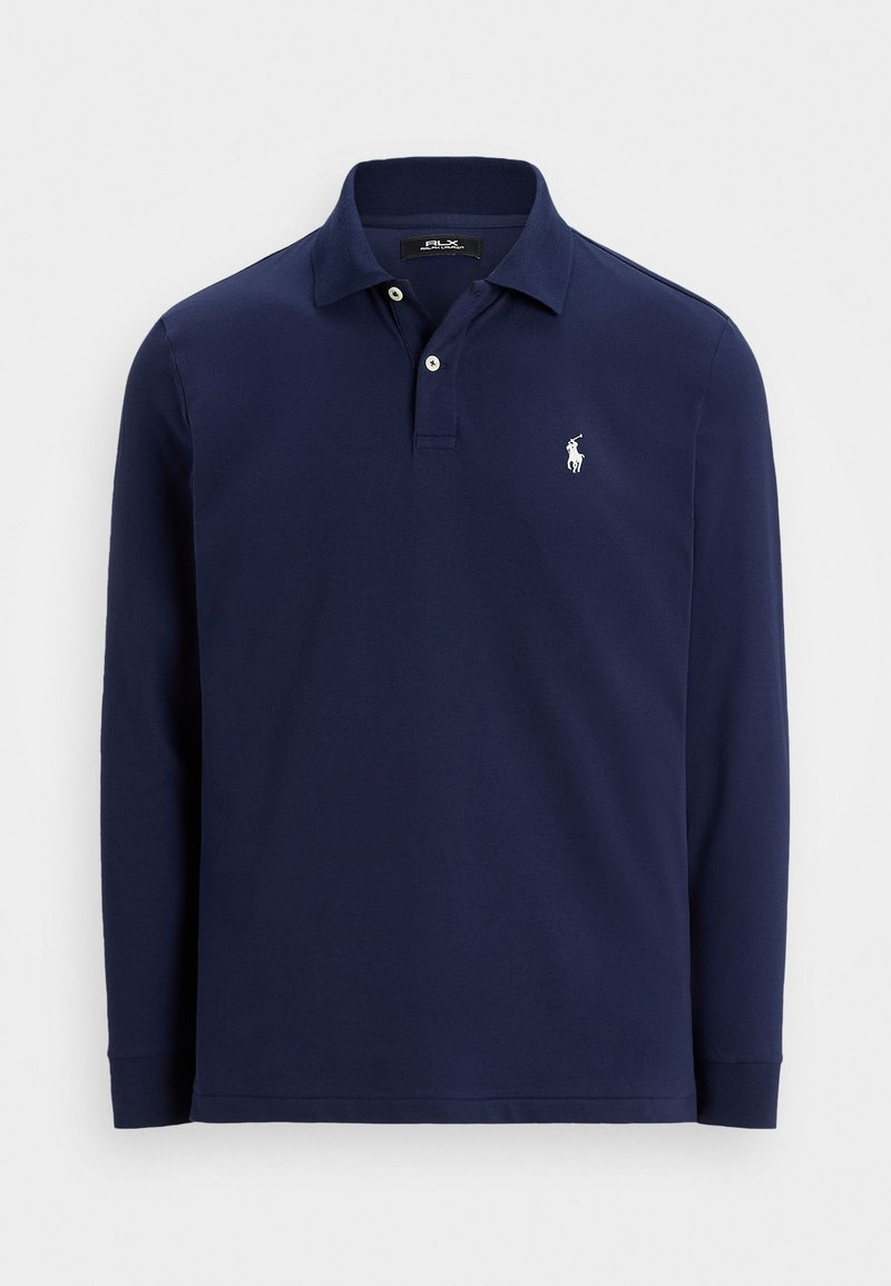 Polo à manches longues bleu marine avec col, deux boutons blancs, et un petit logo brodé en blanc représentant un cheval et un cavalier sur la poitrine gauche.