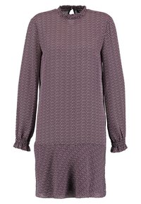 Långärmad klänning i mörklila tyg med ett texturerat mönster, rynkad halsringning och samlade manschetter. A-linjär silhuett med avspänt passform.