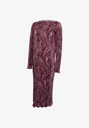 Vestido largo y holgado en un patrón abstracto de ondas en rosa y burdeos, con mangas largas y dobladillo con volantes. Tejido suave y ligero.