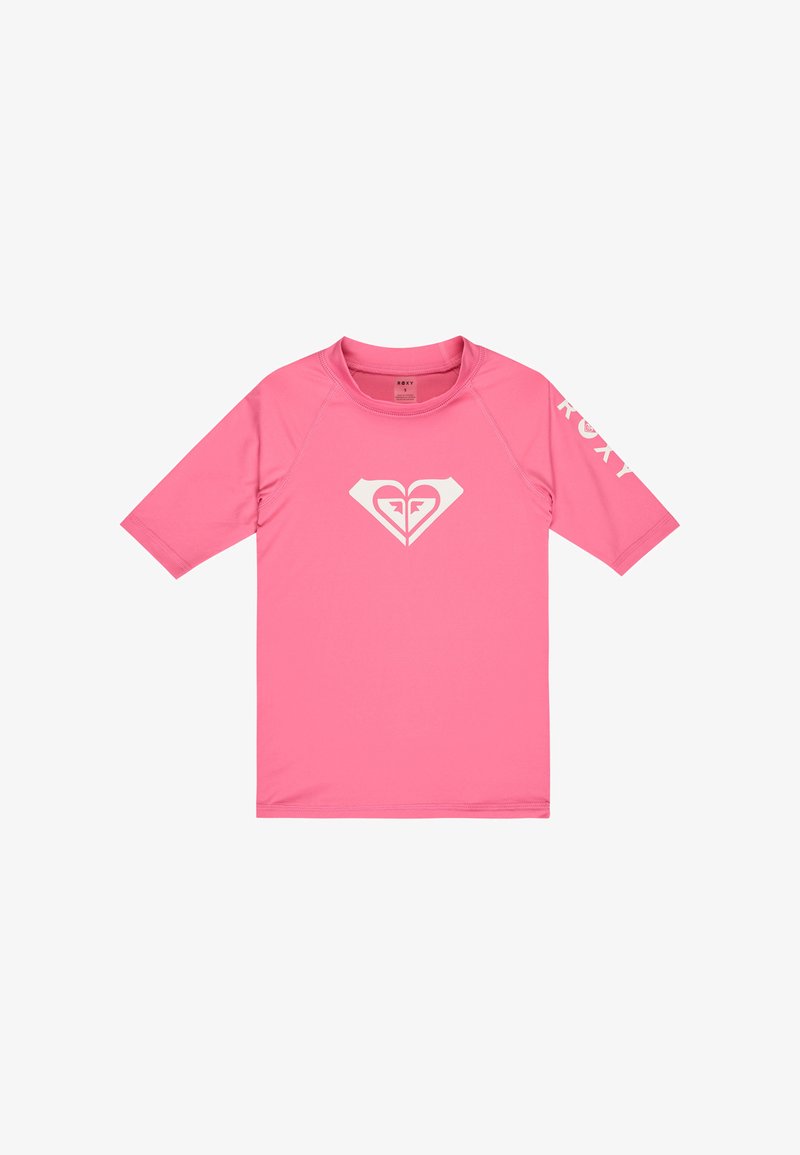 Rash guard rose à manches courtes avec logo en forme de cœur blanc sur le devant et texte blanc "ROXY" sur la manche gauche.