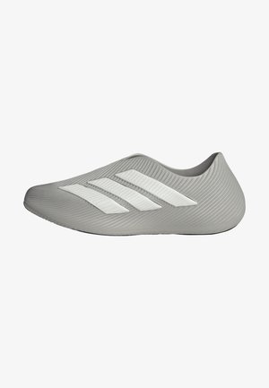 Gray athletic shoe with a smooth texture, featuring three white diagonal stripes across the upper. Sleek, rounded design without laces.