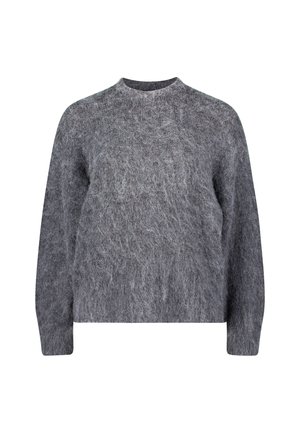 Maglione in mohair grigio con una texture soffice, scollatura rotonda e maniche lunghe. Il design presenta una vestibilità ampia e dettagli minimi.