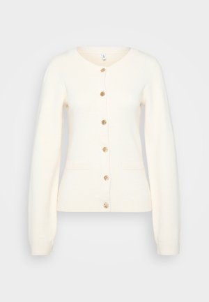 Crème cardigan met een V-hals, lange mouwen, zes gouden knopen aan de voorkant, en twee vo pockets met ribgebreide manchetten en zoom.