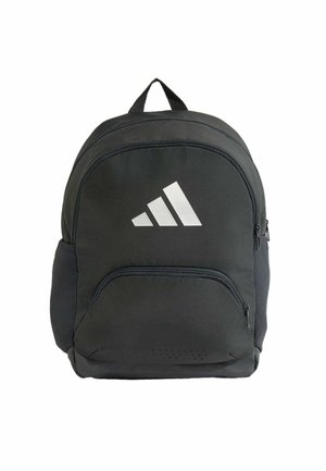 Sac à dos noir avec logo blanc à trois bandes, un grand compartiment zippé, une poche zippée à l'avant et une poignée de transport sur le dessus.