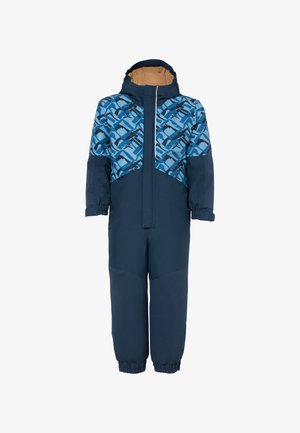 Mėlynas ir tamsiai mėlynas vientisas snowsuit'as su geometriniu raštu, turintis gobtuvą, užtrauktuko užsegimą, elastingas rankoves ir pamušalo vidų.