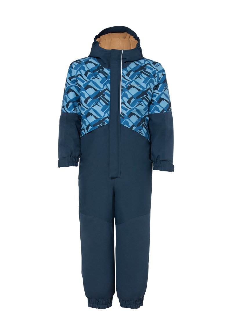 Mėlynas ir tamsiai mėlynas vientisas snowsuit'as su geometriniu raštu, turintis gobtuvą, užtrauktuko užsegimą, elastingas rankoves ir pamušalo vidų.