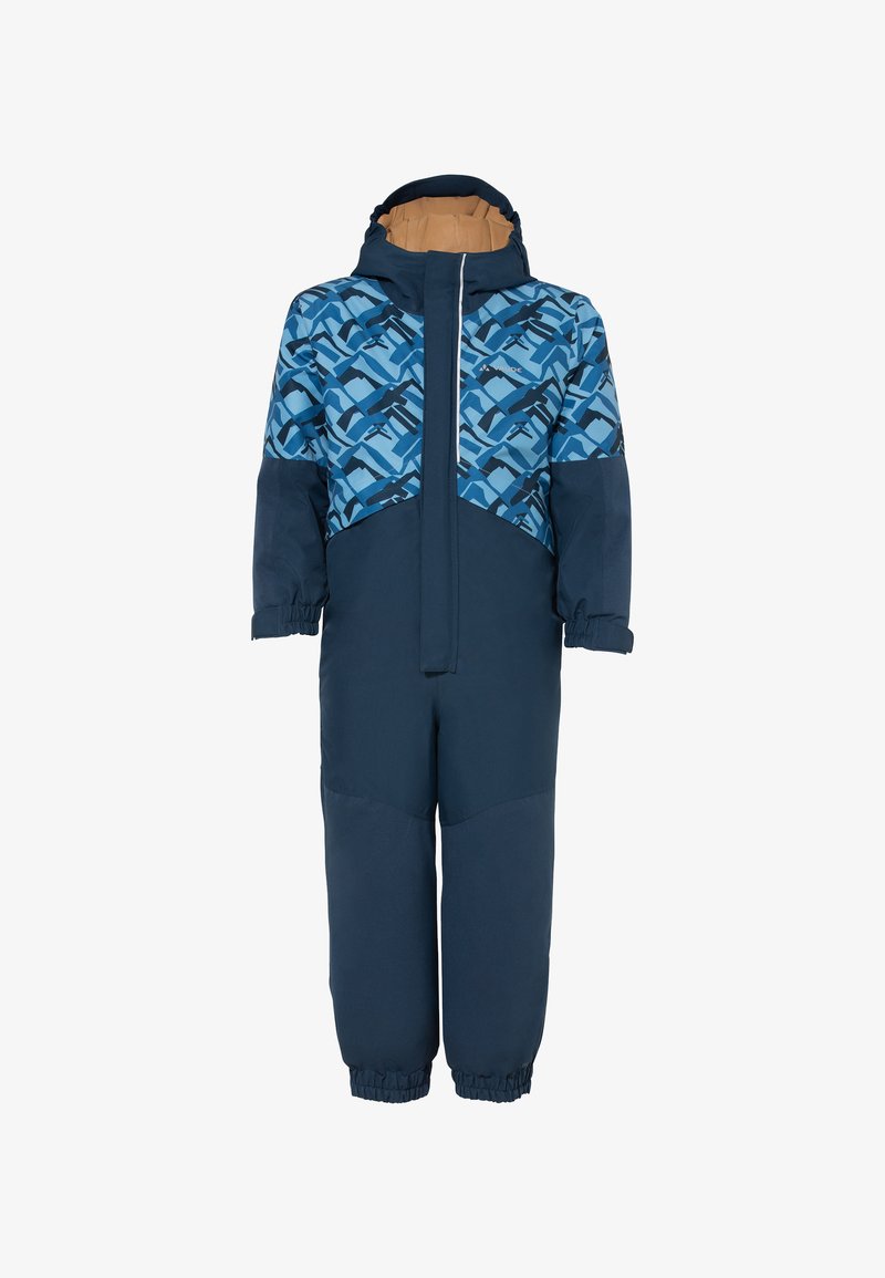 Plavi i tamnoplavi jednodijelni snijesni kombinezon s geometrijskim uzorkom, opremljen kapuljačom, zatvaranjem na patentni zatvarač, elastičnim rukavima i podstavljenom unutrašnjošću.