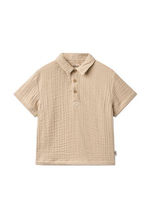 Beige kortermet teksturert polotrøye med krage og tre brune knapper på frontplacken.