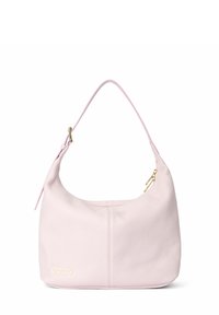 Rosa läderhobo-väska med en böjd form, enkel axelrem och guldiga detaljer. Texturerad yta med synlig sömdekoration.