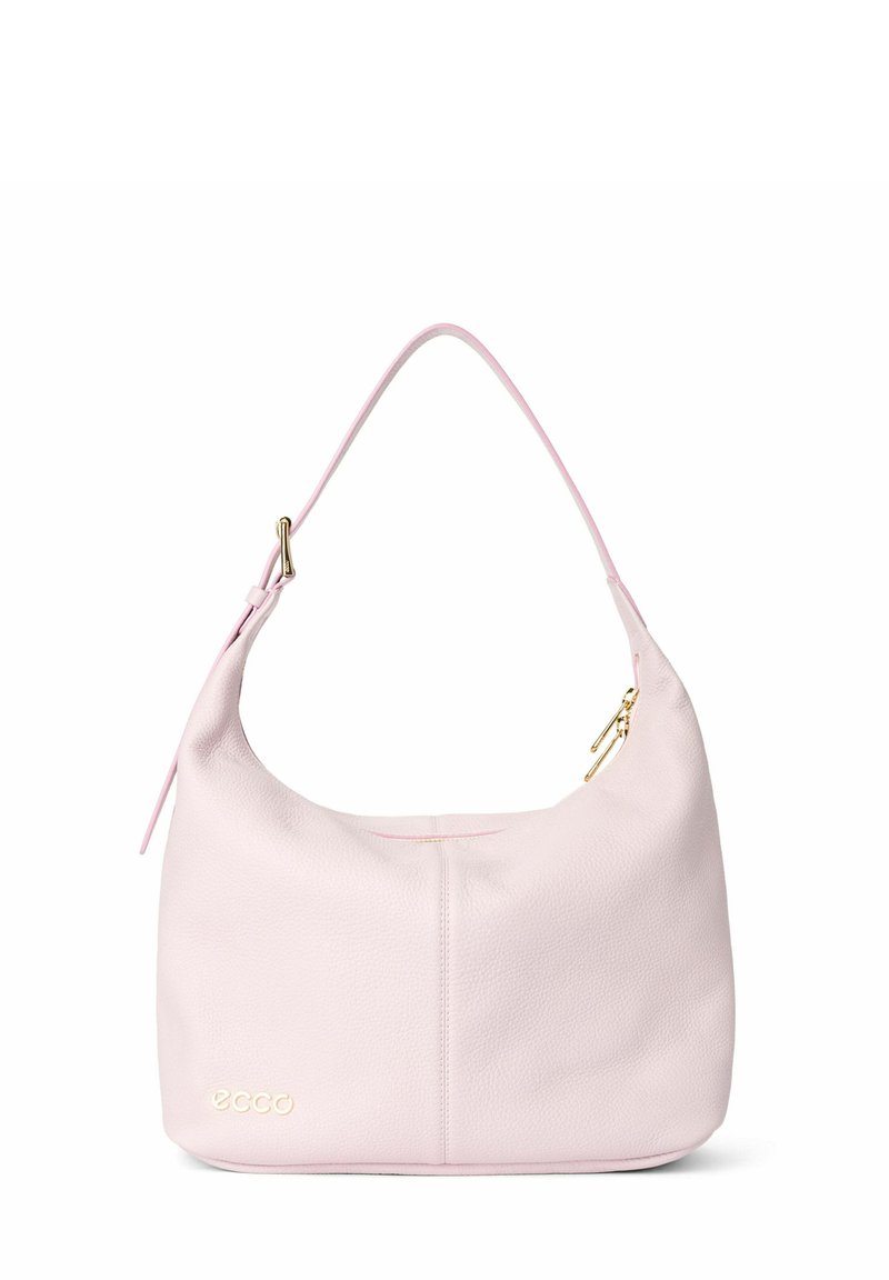 Rosa läderhobo-väska med en böjd form, enkel axelrem och guldiga detaljer. Texturerad yta med synlig sömdekoration.
