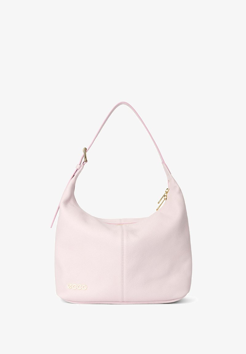 Rosa läderhobo-väska med en böjd form, enkel axelrem och guldiga detaljer. Texturerad yta med synlig sömdekoration.