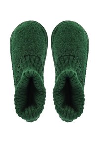 Groene wollen pantoffels met geribbelde zomen, afgeronde vorm, gestructureerd oppervlak en zacht interieur. Ontworpen voor comfort en warmte.