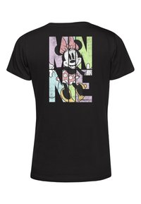 Černé bavlněné tričko s grafikou kreslené postavičky pokryté růžovými puntíky, obklopené barevným blokovým textem s nápisem "MINNIE."