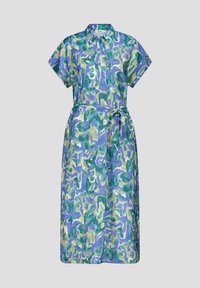 Knopenjurk in tinten blauw, groen en violet met een abstract patroon. Korte mouwen en een gestrikt middel accentueren het ontwerp.