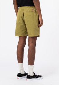 Mužský model v olivově zelených šortkách Dickies s dvěma zadními kapsami, bílými ponožkami až po kotníky a černými nízkými teniskami na bílém pozadí.
