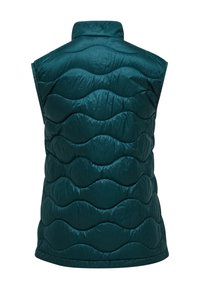 Turquoise mouwloze puffer-vest met golfpatroon-quiltwerk, staande kraag en een licht gebogen zoom, gezien vanaf de achterkant.