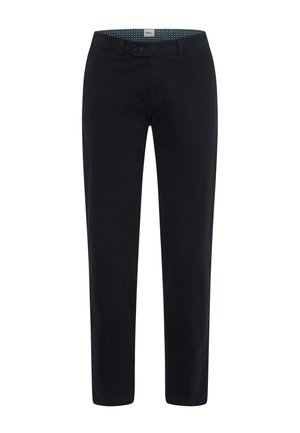 Zwarte katoenen broek met een rechte pasvorm, voorzien van een knoopsluiting en een geblokte tailleband. Glad textuur en geen zichtbare accenten.