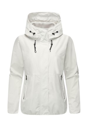 White waterproof jacket with a high collar, adjustable hood, and two zippered side pockets; smooth texture, minimalistic design.