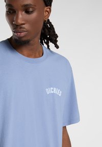 Světle modré bavlněné tričko s kulatým výstřihem a krátkými rukávy, na hrudi s bílým nápisem "DICKIES" v obloukovém písmu.