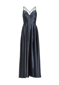 Abito lungo in satin blu notte, con corpetto aderente, profondo scollo a V e spalline incrociate a spaghetti. Gonna fluida con una trama liscia.