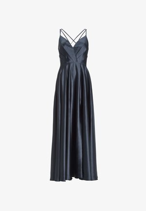 Abito lungo in satin blu notte, con corpetto aderente, profondo scollo a V e spalline incrociate a spaghetti. Gonna fluida con una trama liscia.