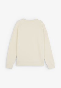 Sudadera crema con cuello redondo, mangas raglán, puños acanalados y dobladillo. Textura de tela suave, diseño minimalista sin marcas visibles.