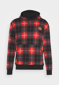 Sudadera con capucha en un patrón de cuadros en negro, rojo y dorado. Cuenta con un bolsillo frontal tipo canguro y puños y dobladillo acanalados. Acento de logo en el pecho.