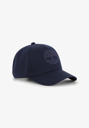 Navy blue cap made from cotton with a curved brim, featuring an embroidered tree logo in a slightly darker shade on the front.