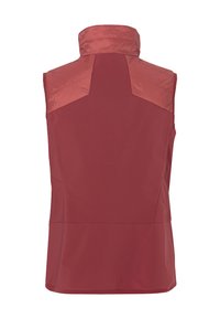 Gilet rosso senza maniche con colletto alto, caratterizzato da una texture liscia e pannelli spalla lucidi a contrasto. Vista dal retro, steso.