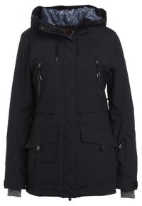 Marineblauwe parka-jas met een gestreepte binnenvoering, voorzijde met rits en knoopzakken, verstelbare capuchon en gestructureerde stof.